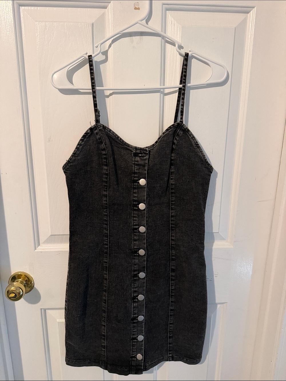 SHEIN Black Button-Front Denim Mini Dress with Spaghetti Straps